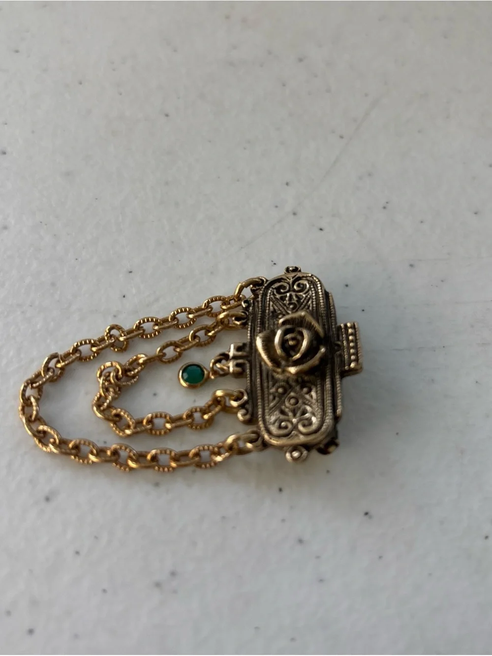 Gold-Tone Floral Chain Brooch with Green Accent